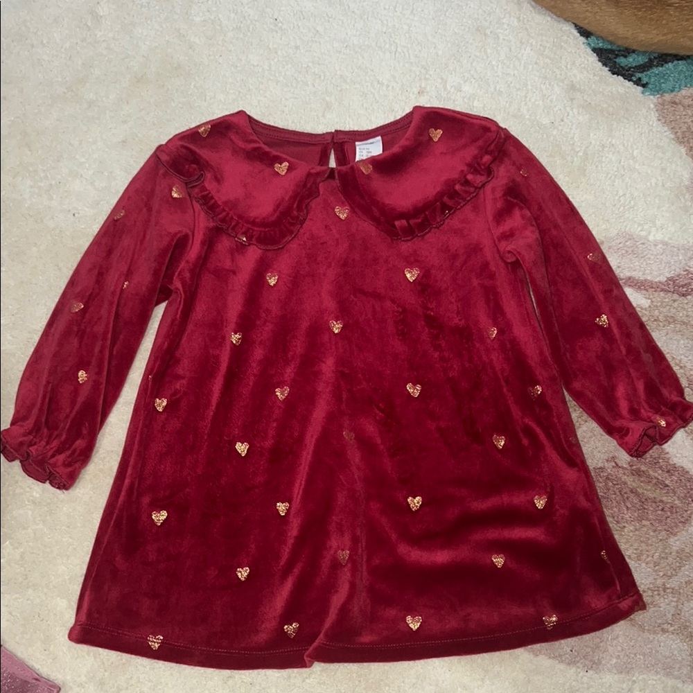 Girls Velvet Long-Sleeve Dress with Gold Heart Accents - Red